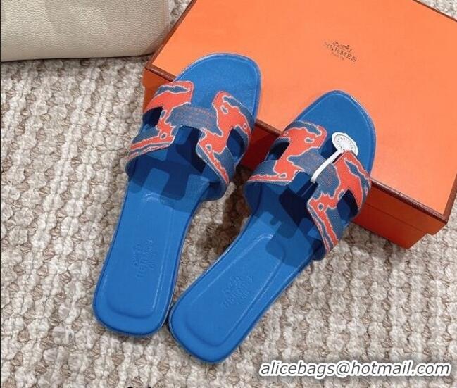 Popular Style Hermes Classic Oran Flat Slide Sandals in Printed Canvas Blue 814074