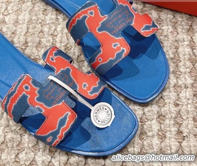 Popular Style Hermes Classic Oran Flat Slide Sandals in Printed Canvas Blue 814074