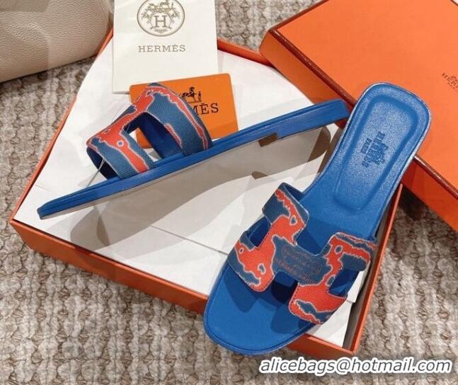 Popular Style Hermes Classic Oran Flat Slide Sandals in Printed Canvas Blue 814074