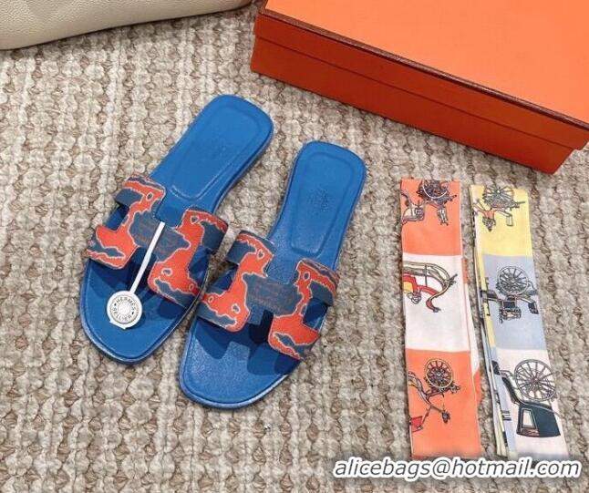 Popular Style Hermes Classic Oran Flat Slide Sandals in Printed Canvas Blue 814074