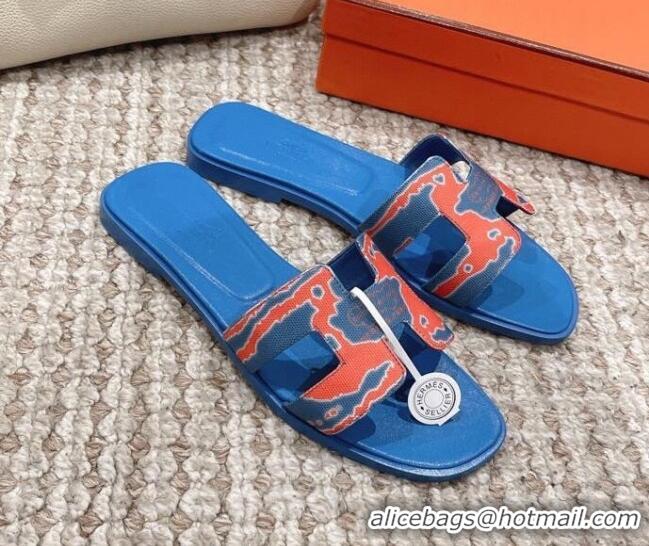 Popular Style Hermes Classic Oran Flat Slide Sandals in Printed Canvas Blue 814074