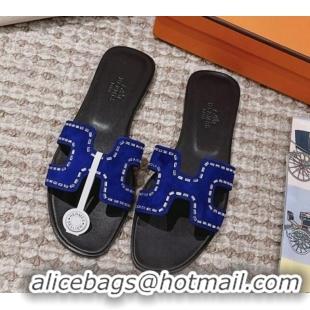 Grade Quality Hermes Classic Oran Flat Slide Sandals in Suede with Crystal Beads Blue 814073