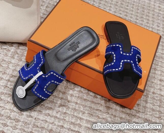 Grade Quality Hermes Classic Oran Flat Slide Sandals in Suede with Crystal Beads Blue 814073