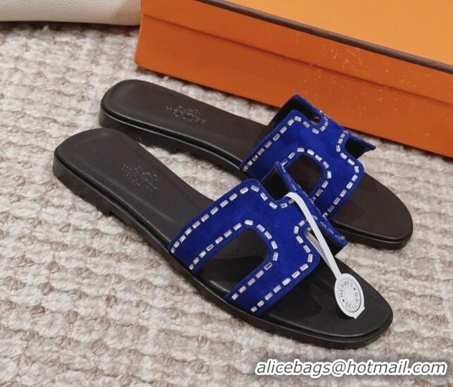 Grade Quality Hermes Classic Oran Flat Slide Sandals in Suede with Crystal Beads Blue 814073