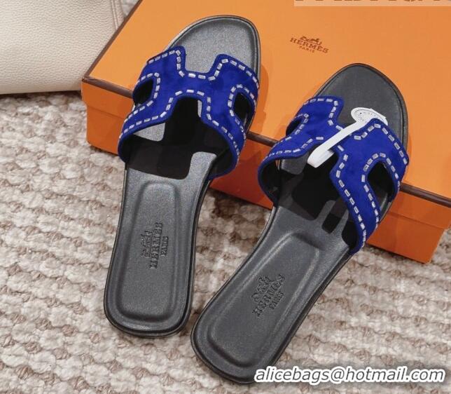 Grade Quality Hermes Classic Oran Flat Slide Sandals in Suede with Crystal Beads Blue 814073