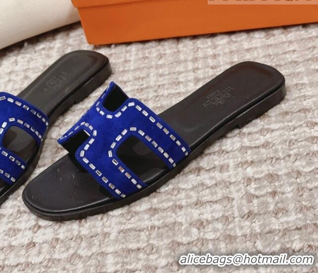 Grade Quality Hermes Classic Oran Flat Slide Sandals in Suede with Crystal Beads Blue 814073