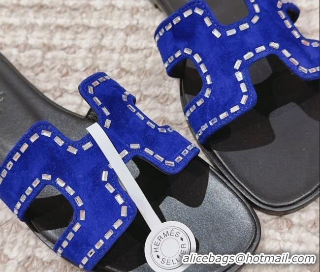 Grade Quality Hermes Classic Oran Flat Slide Sandals in Suede with Crystal Beads Blue 814073