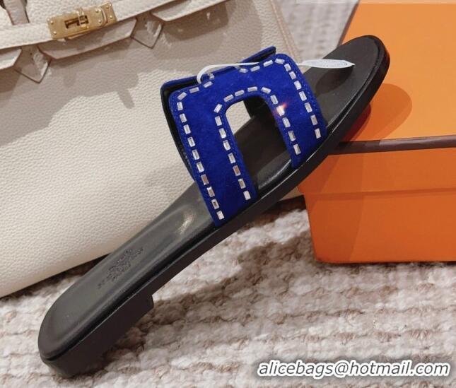 Grade Quality Hermes Classic Oran Flat Slide Sandals in Suede with Crystal Beads Blue 814073