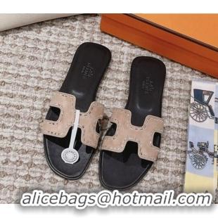 Pretty Style Hermes Classic Oran Flat Slide Sandals in Suede with Crystal Beads Beige 0814075