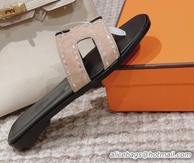 Pretty Style Hermes Classic Oran Flat Slide Sandals in Suede with Crystal Beads Beige 0814075