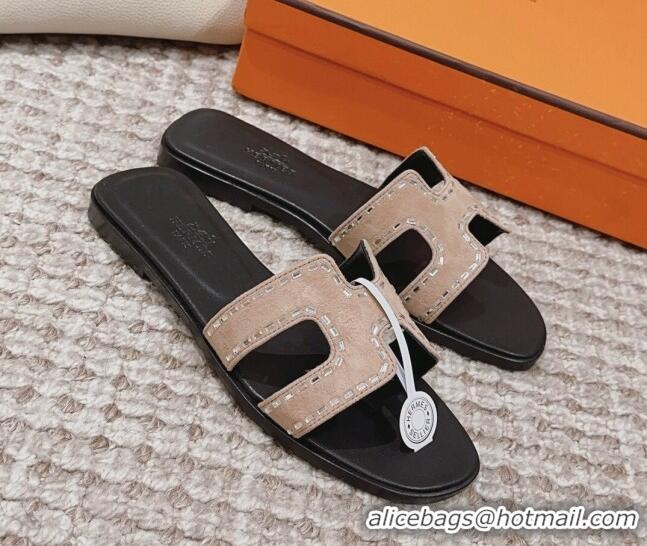 Pretty Style Hermes Classic Oran Flat Slide Sandals in Suede with Crystal Beads Beige 0814075