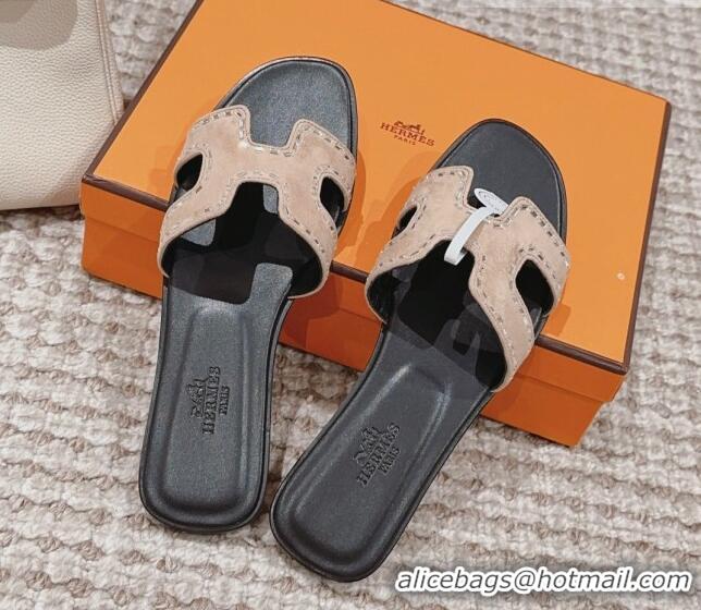 Pretty Style Hermes Classic Oran Flat Slide Sandals in Suede with Crystal Beads Beige 0814075