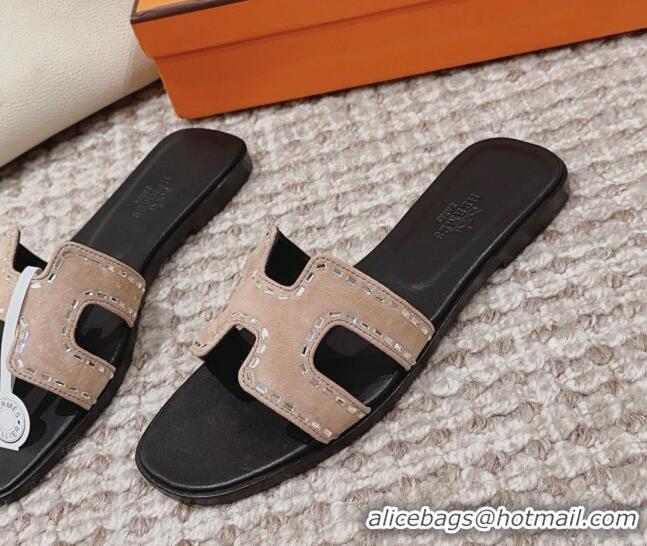 Pretty Style Hermes Classic Oran Flat Slide Sandals in Suede with Crystal Beads Beige 0814075