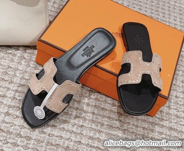 Pretty Style Hermes Classic Oran Flat Slide Sandals in Suede with Crystal Beads Beige 0814075