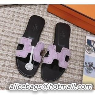 Top Grade Hermes Classic Oran Flat Slide Sandals in Suede with Crystal Beads Light Purple 814077