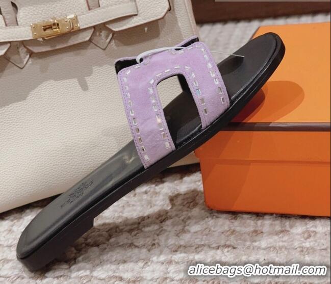 Top Grade Hermes Classic Oran Flat Slide Sandals in Suede with Crystal Beads Light Purple 814077