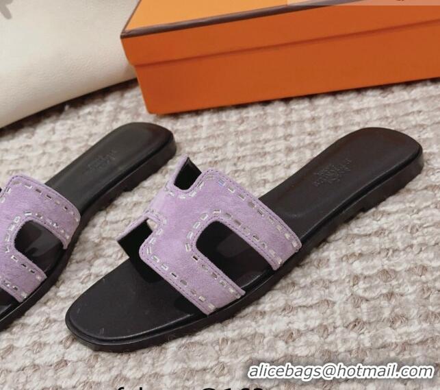 Top Grade Hermes Classic Oran Flat Slide Sandals in Suede with Crystal Beads Light Purple 814077