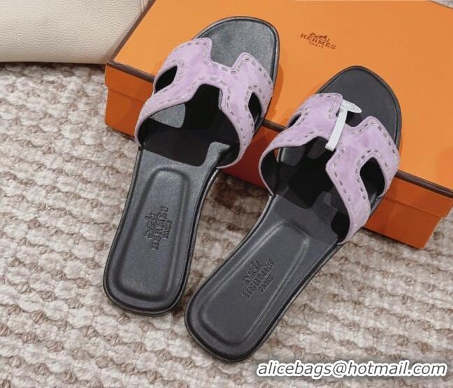 Top Grade Hermes Classic Oran Flat Slide Sandals in Suede with Crystal Beads Light Purple 814077