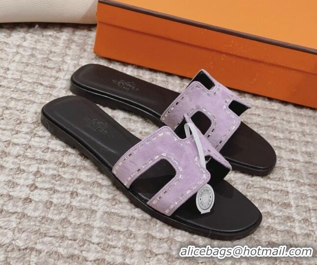 Top Grade Hermes Classic Oran Flat Slide Sandals in Suede with Crystal Beads Light Purple 814077