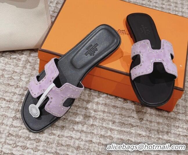 Top Grade Hermes Classic Oran Flat Slide Sandals in Suede with Crystal Beads Light Purple 814077