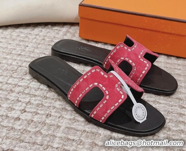 Unique Style Hermes Classic Oran Flat Slide Sandals in Suede with Crystal Beads Red 814078