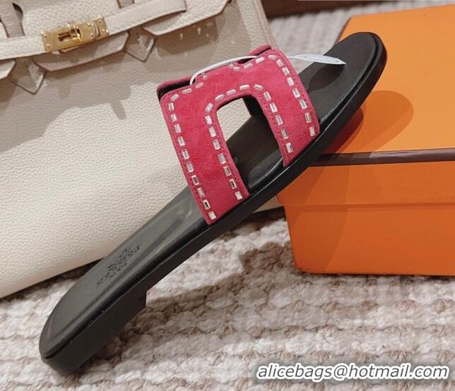 Unique Style Hermes Classic Oran Flat Slide Sandals in Suede with Crystal Beads Red 814078