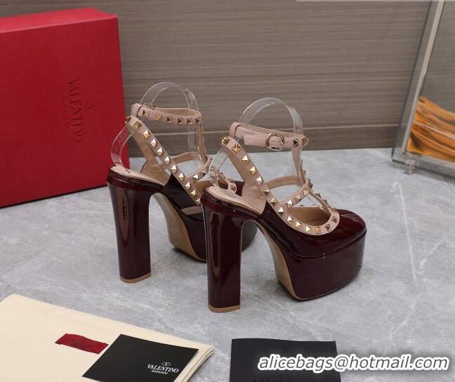 Good Quality Valentino Rockstud Platform Pump 15.5cm in Burgundy Patent Leather 426131