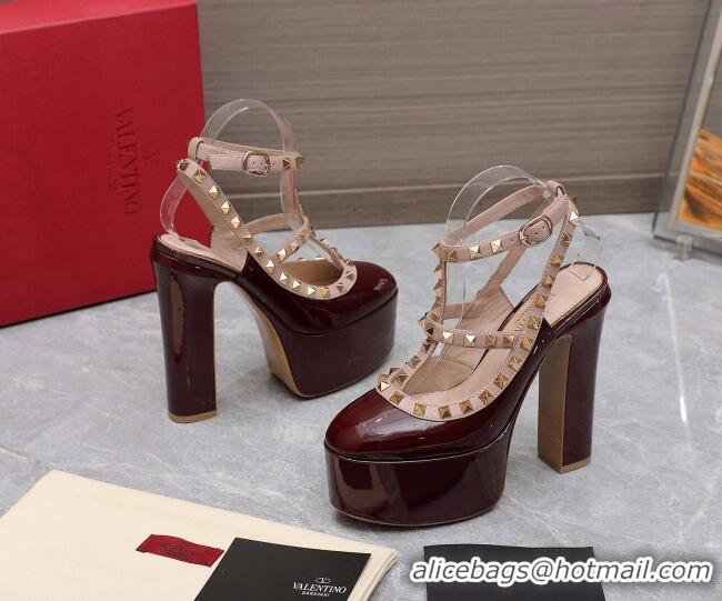 Good Quality Valentino Rockstud Platform Pump 15.5cm in Burgundy Patent Leather 426131