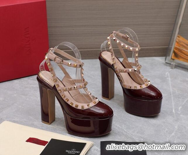 Good Quality Valentino Rockstud Platform Pump 15.5cm in Burgundy Patent Leather 426131