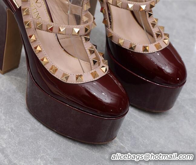 Good Quality Valentino Rockstud Platform Pump 15.5cm in Burgundy Patent Leather 426131