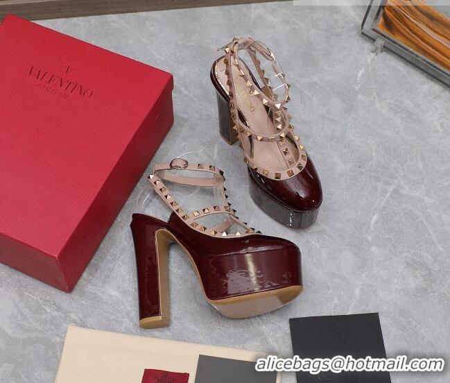 Good Quality Valentino Rockstud Platform Pump 15.5cm in Burgundy Patent Leather 426131