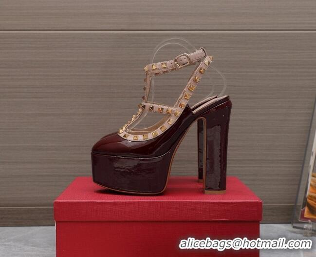 Good Quality Valentino Rockstud Platform Pump 15.5cm in Burgundy Patent Leather 426131