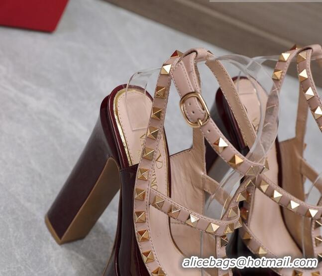 Good Quality Valentino Rockstud Platform Pump 15.5cm in Burgundy Patent Leather 426131