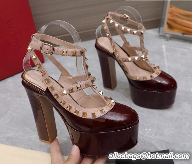 Good Quality Valentino Rockstud Platform Pump 15.5cm in Burgundy Patent Leather 426131