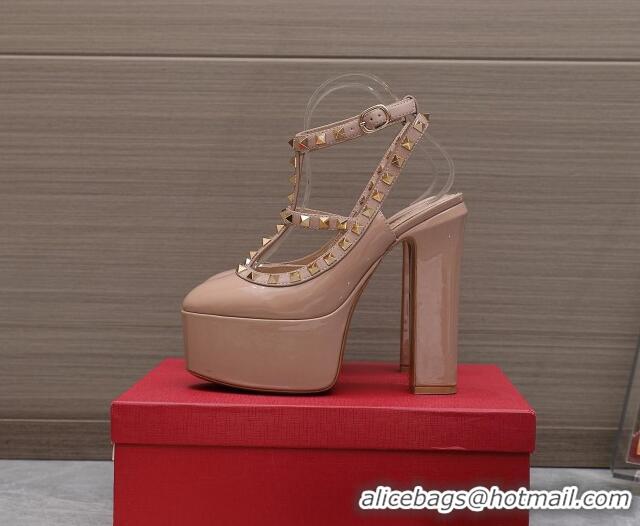 Charming Valentino Rockstud Platform Pump 15.5cm in Nude Patent Leather 426132