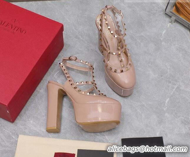 Charming Valentino Rockstud Platform Pump 15.5cm in Nude Patent Leather 426132