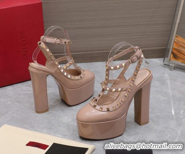 Charming Valentino Rockstud Platform Pump 15.5cm in Nude Patent Leather 426132