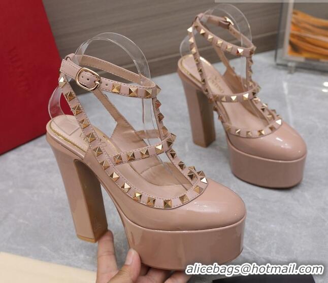 Charming Valentino Rockstud Platform Pump 15.5cm in Nude Patent Leather 426132