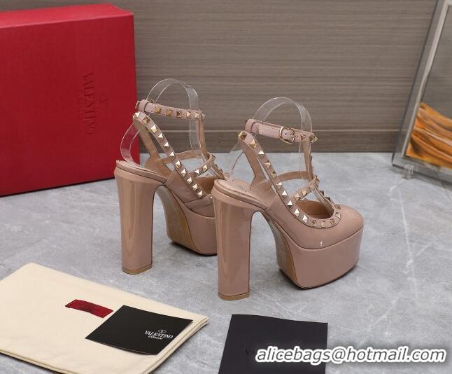 Charming Valentino Rockstud Platform Pump 15.5cm in Nude Patent Leather 426132