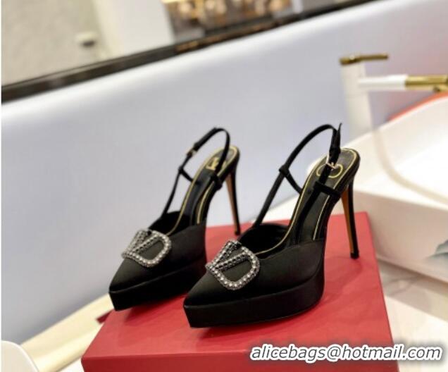 Lower Price Valentino Crystal VLogo Satin Platform Slingback Pumps 12cm Black/Grey 426135