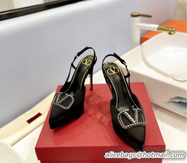 Lower Price Valentino Crystal VLogo Satin Platform Slingback Pumps 12cm Black/Grey 426135