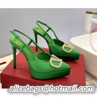 Best Product Valentino Crystal VLogo Satin Platform Slingback Pumps 12cm Green 426136