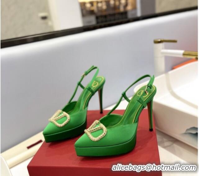 Best Product Valentino Crystal VLogo Satin Platform Slingback Pumps 12cm Green 426136