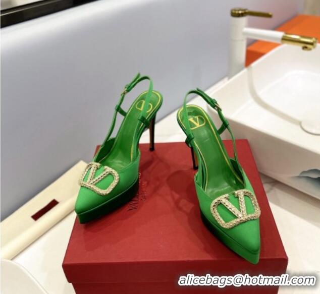 Best Product Valentino Crystal VLogo Satin Platform Slingback Pumps 12cm Green 426136