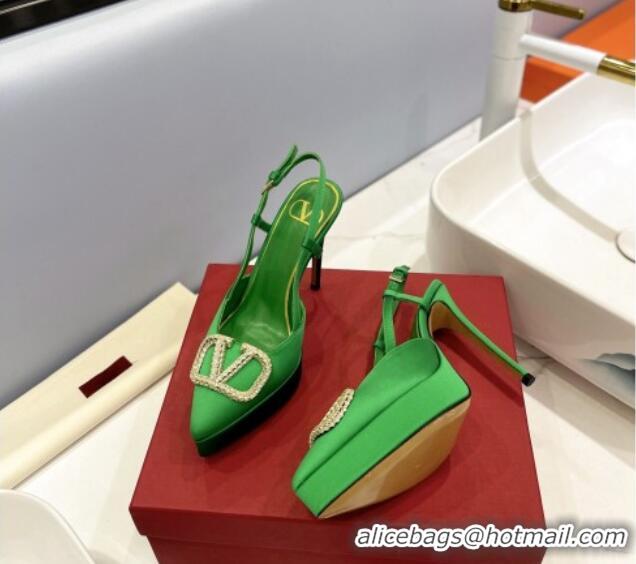 Best Product Valentino Crystal VLogo Satin Platform Slingback Pumps 12cm Green 426136