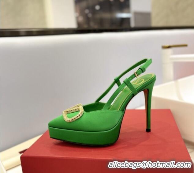 Best Product Valentino Crystal VLogo Satin Platform Slingback Pumps 12cm Green 426136