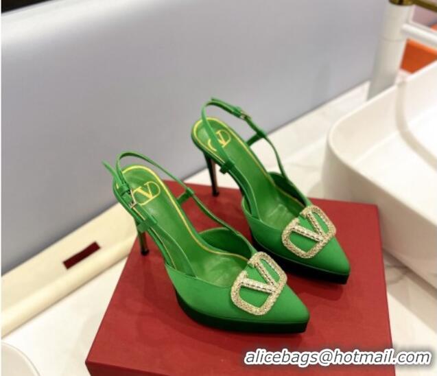 Best Product Valentino Crystal VLogo Satin Platform Slingback Pumps 12cm Green 426136