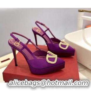 Most Popular Valentino Crystal VLogo Satin Platform Slingback Pumps 12cm Purple 426137