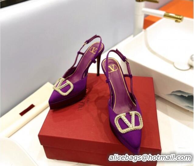 Most Popular Valentino Crystal VLogo Satin Platform Slingback Pumps 12cm Purple 426137