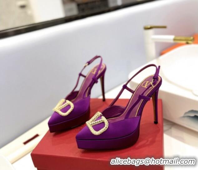 Most Popular Valentino Crystal VLogo Satin Platform Slingback Pumps 12cm Purple 426137